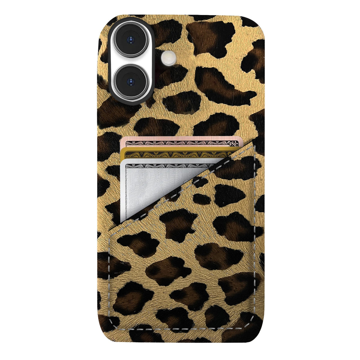 iPhone 16 Plus Leather Case — Leopard Cardholder