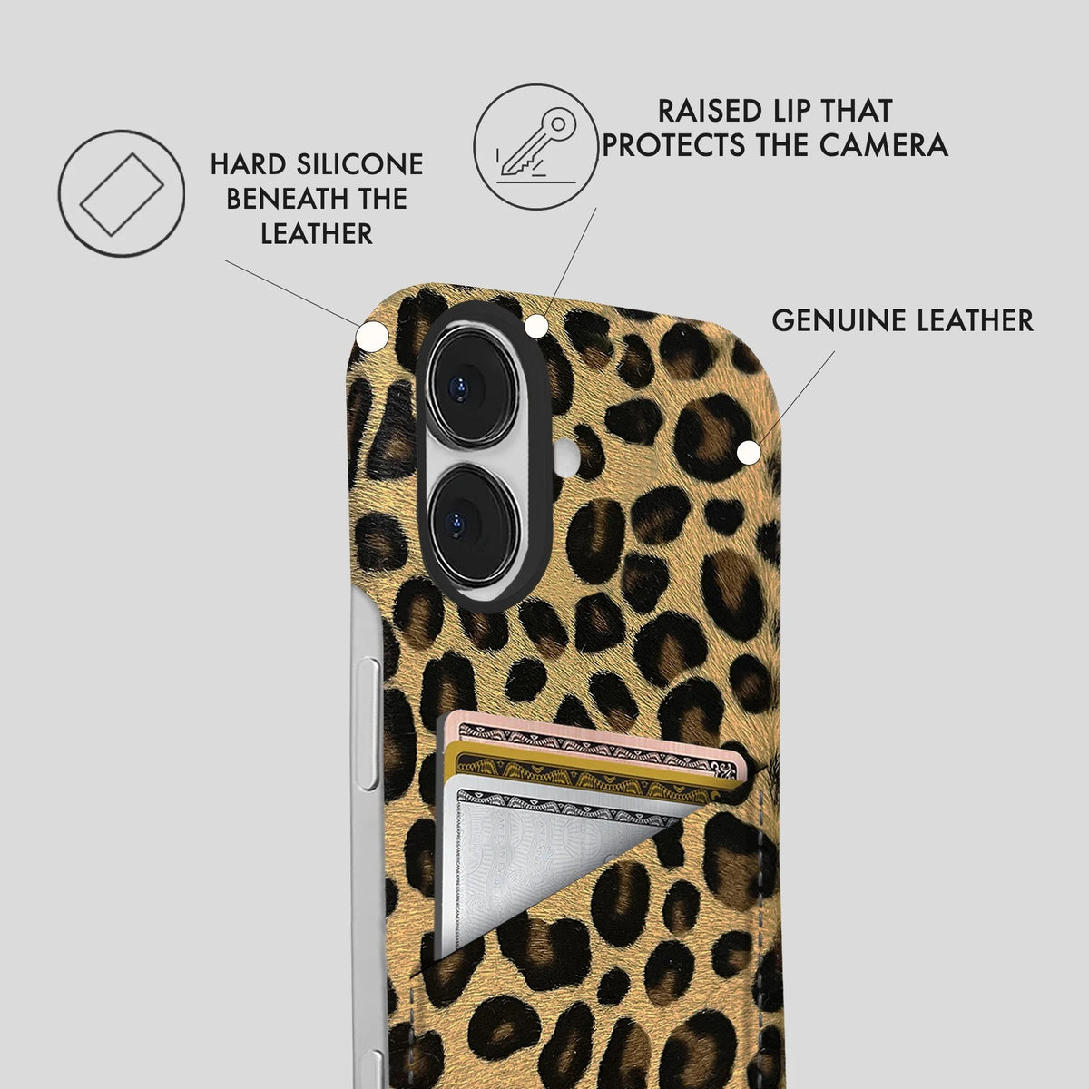 iPhone 16 Plus Leather Case — Leopard Cardholder