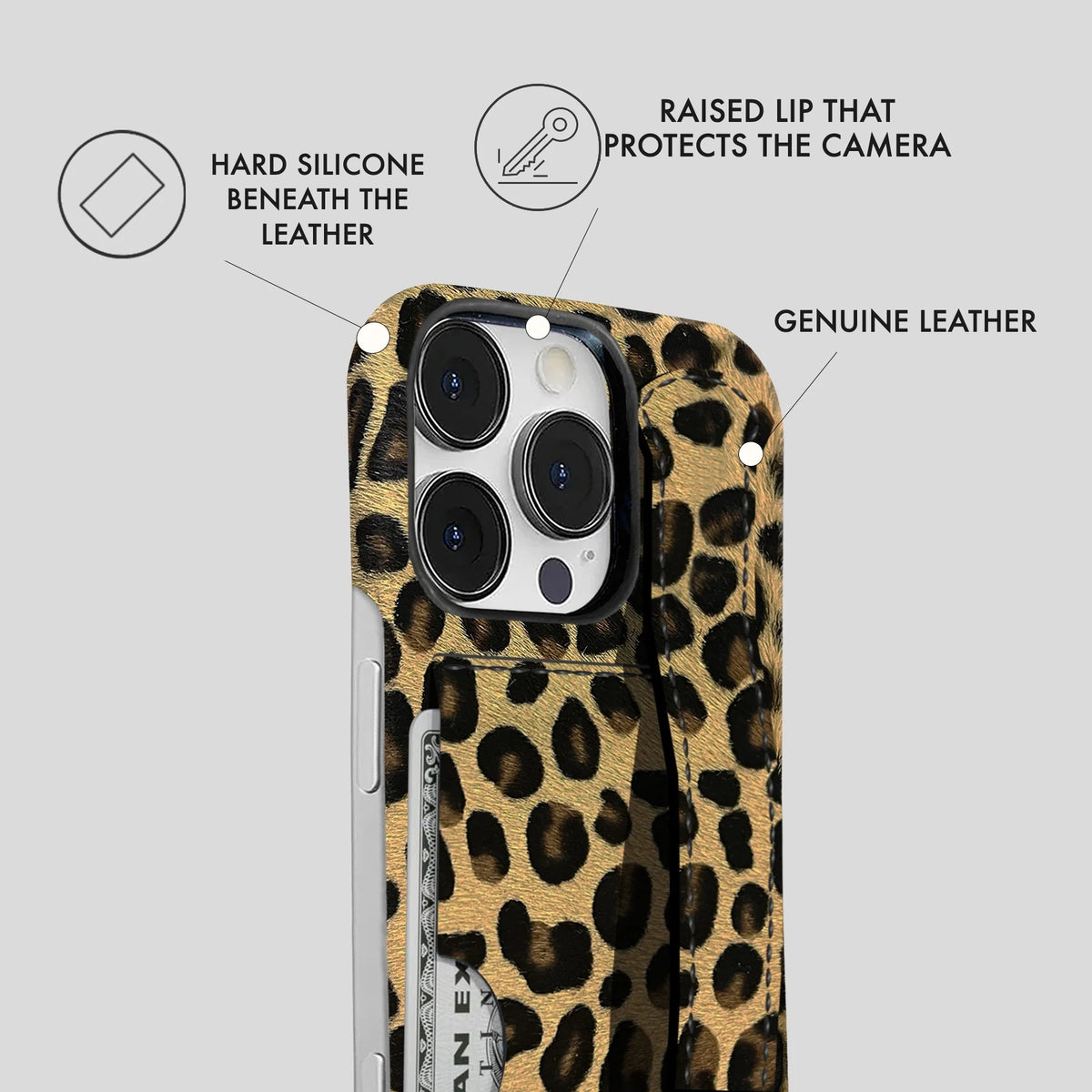 iPhone 16 Pro Leather Case — Leopard Handle Cardholder