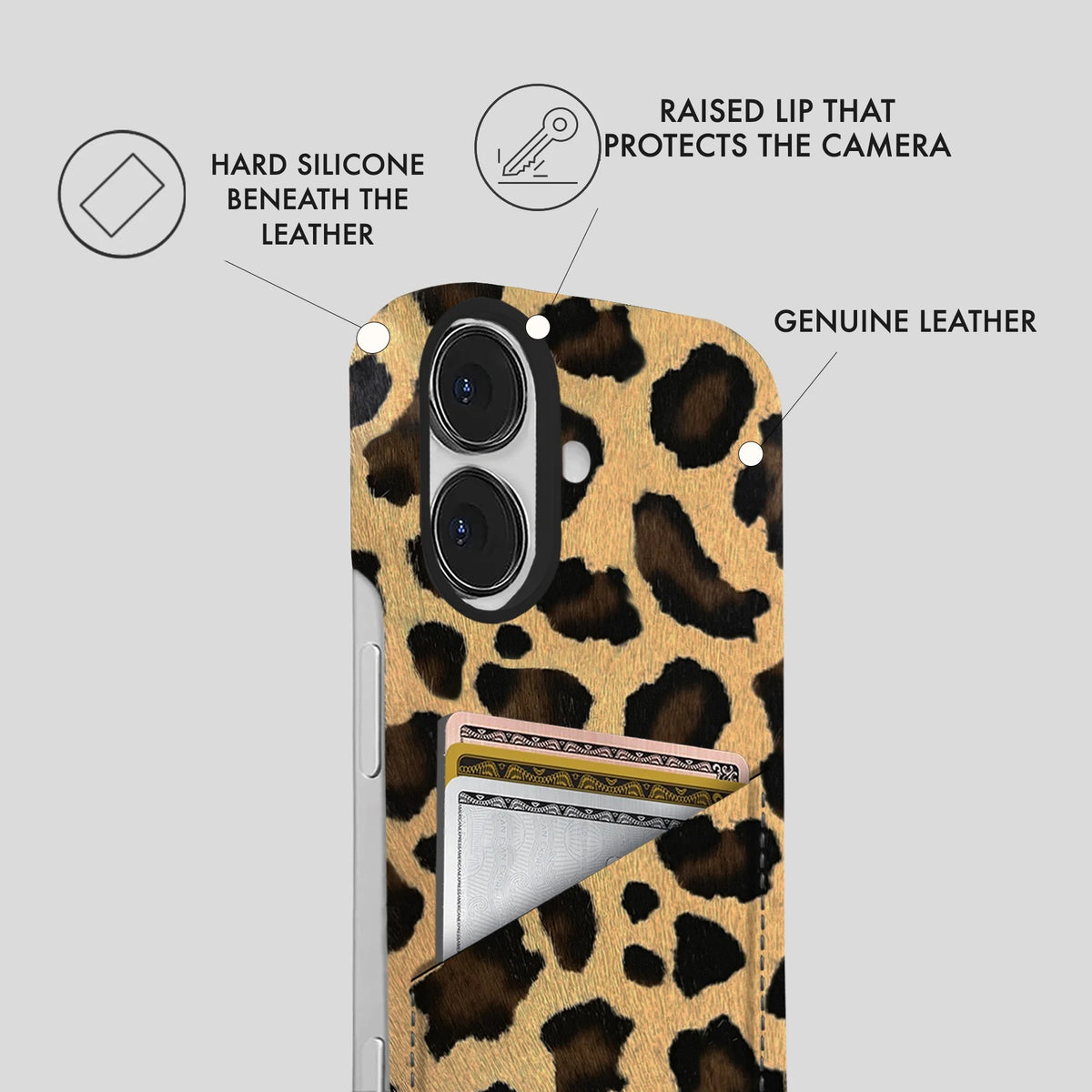 iPhone 16 Plus Leather Case — Leopard Cardholder