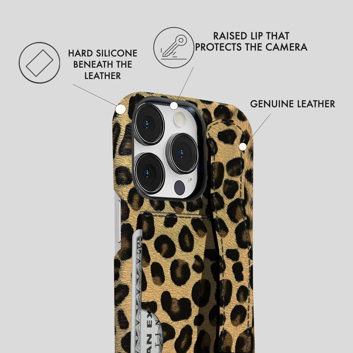 iPhone 13 Pro Leather Case — Leopard Handle Cardholder