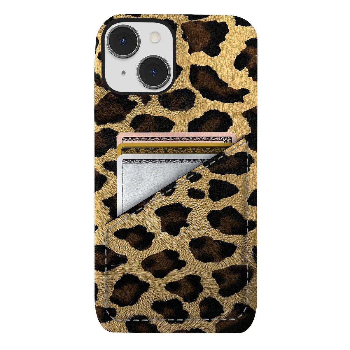 iPhone 15 Plus Leather Case — Leopard Cardholder