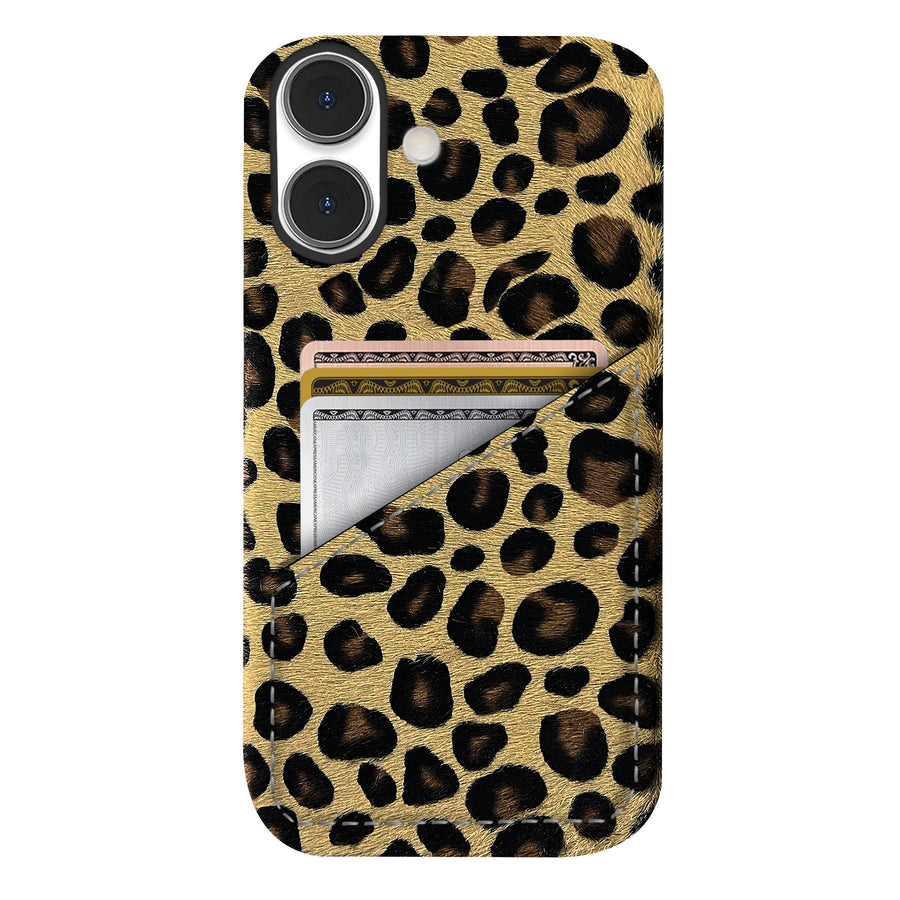 iPhone 16 Plus Leather Case — Leopard Cardholder