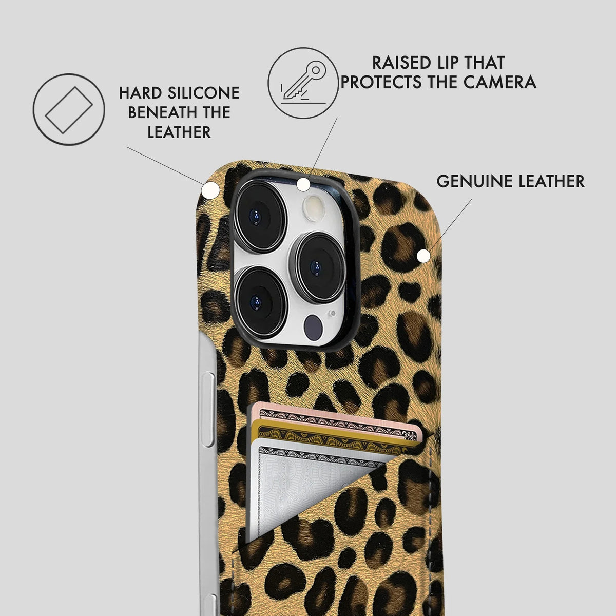 iPhone 16 Pro Leather Case — Leopard Cardholder