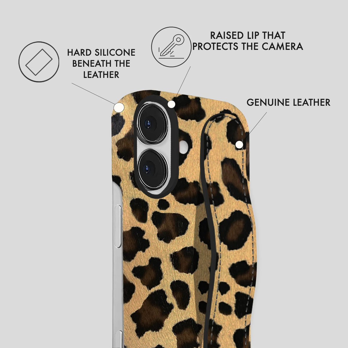 iPhone 16 Leather Case — Leopard Handle