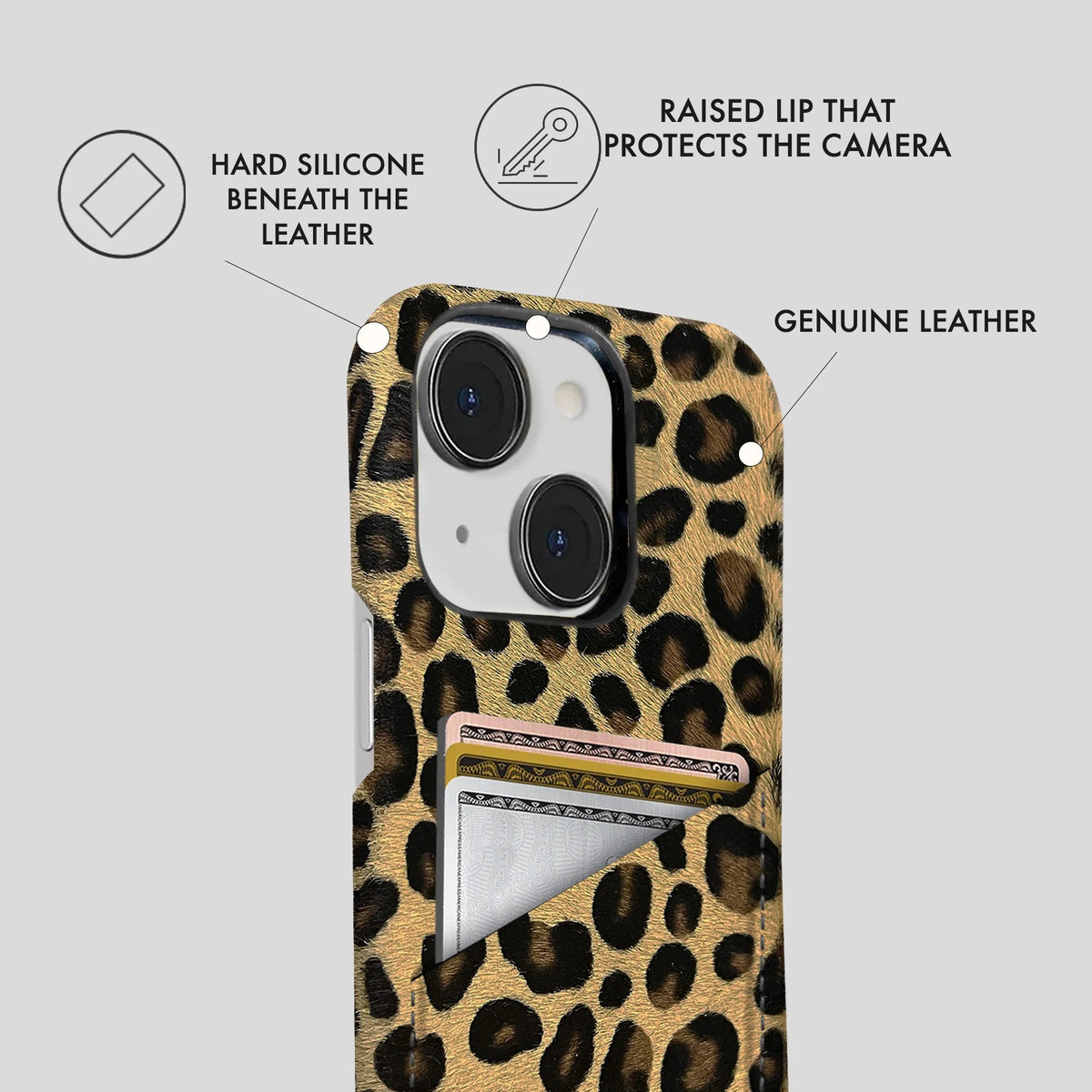 iPhone 15 Plus Leather Case — Leopard Cardholder