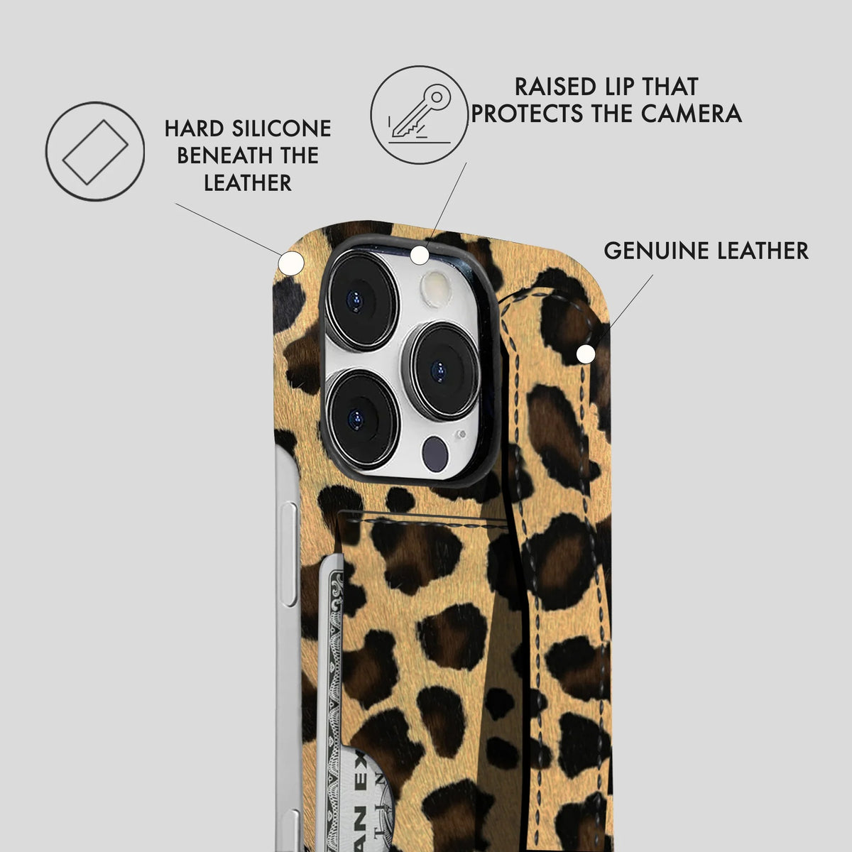 iPhone 16 Pro Leather Case — Leopard Handle Cardholder